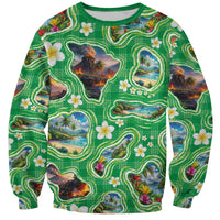 Hawaii Map with Plumeria Flower and Palaka Pattern Sweatshirt Tropical Island Green Design LT03 Unisex Green - Polynesian Pride