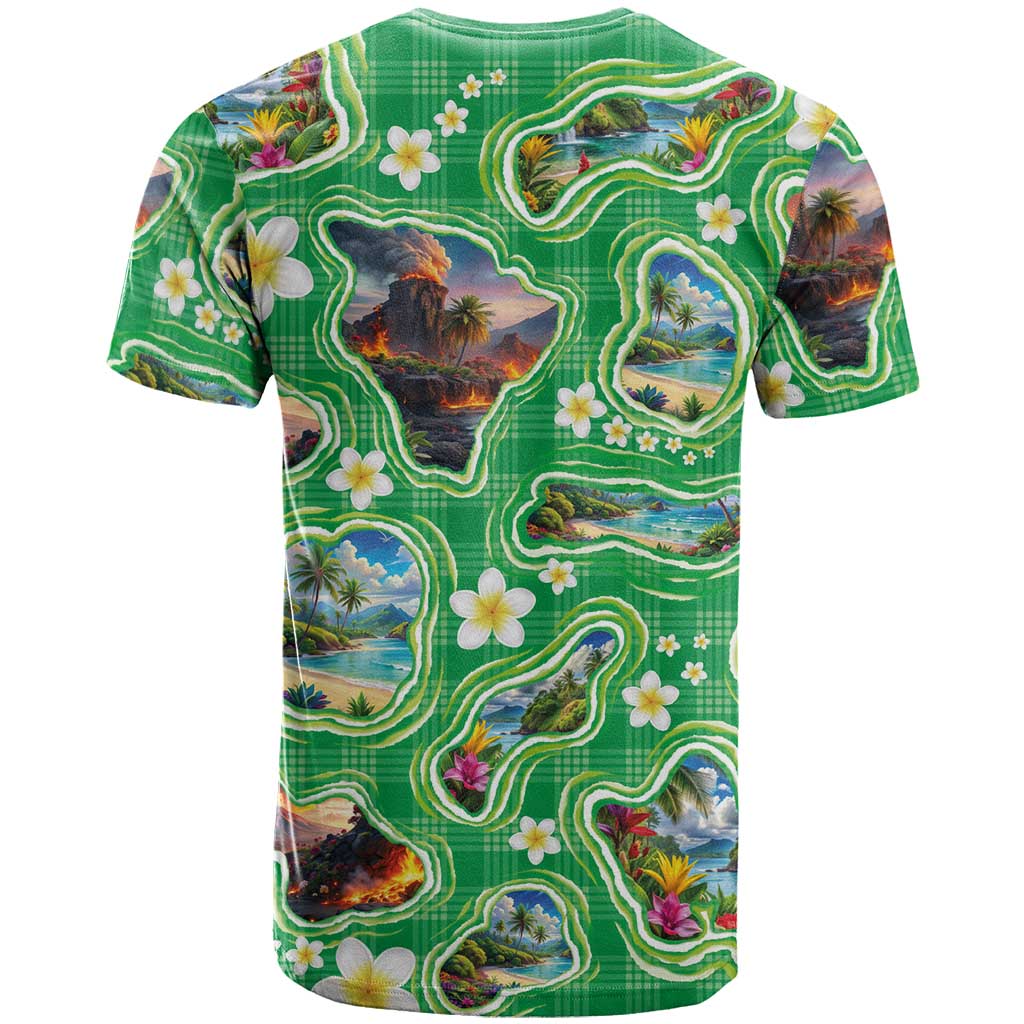 Hawaii Map with Plumeria Flower and Palaka Pattern T Shirt Tropical Island Green Design LT03 - Polynesian Pride
