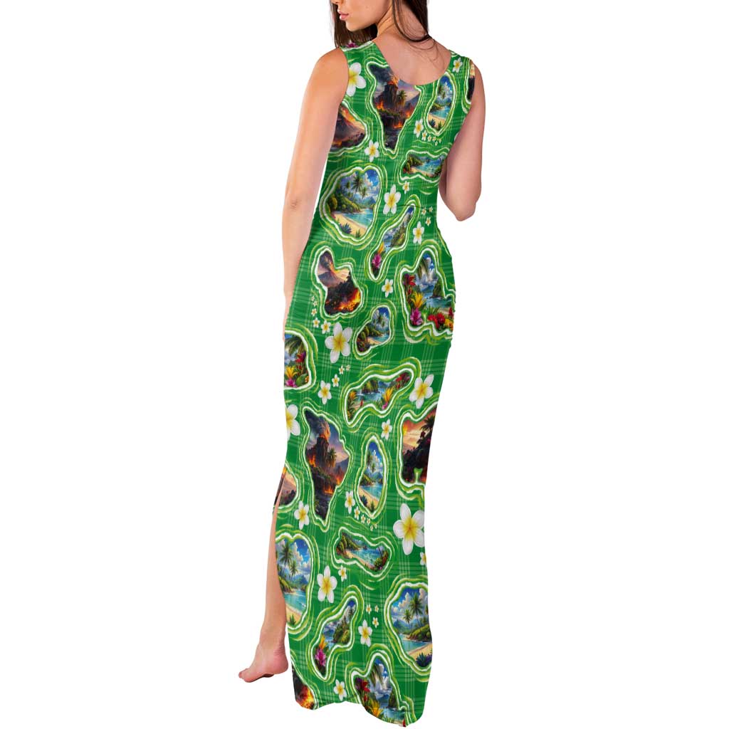 Hawaii Map with Plumeria Flower and Palaka Pattern Tank Maxi Dress Tropical Island Green Design LT03 - Polynesian Pride