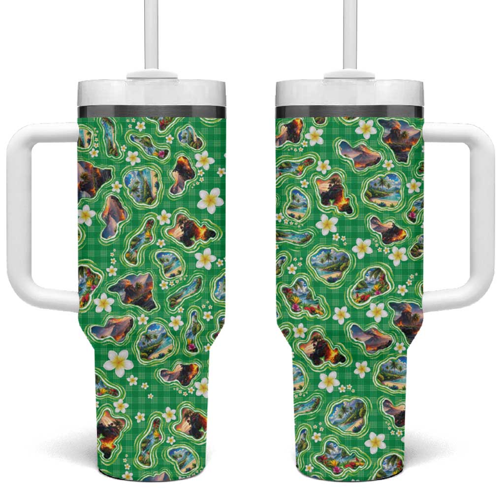 Hawaii Map with Plumeria Flower and Palaka Pattern Tumbler With Handle Tropical Island Green Design LT03 One Size: 40 oz Green - Polynesian Pride