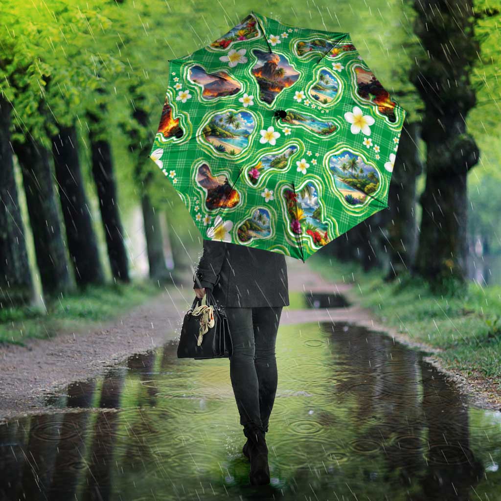 Hawaii Map with Plumeria Flower and Palaka Pattern Umbrella Tropical Island Green Design LT03 - Polynesian Pride