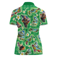 Hawaii Map with Plumeria Flower and Palaka Pattern Women Polo Shirt Tropical Island Green Design LT03 - Polynesian Pride