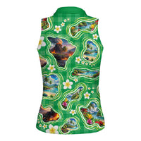 Hawaii Map with Plumeria Flower and Palaka Pattern Women Sleeveless Polo Shirt Tropical Island Green Design LT03 - Polynesian Pride