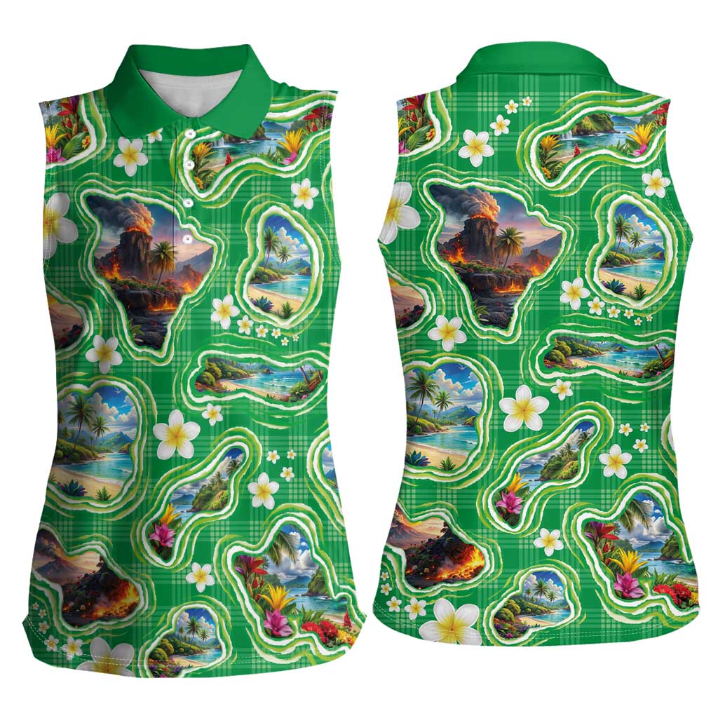 Hawaii Map with Plumeria Flower and Palaka Pattern Women Sleeveless Polo Shirt Tropical Island Green Design LT03 - Polynesian Pride
