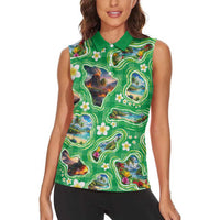 Hawaii Map with Plumeria Flower and Palaka Pattern Women Sleeveless Polo Shirt Tropical Island Green Design LT03 - Polynesian Pride