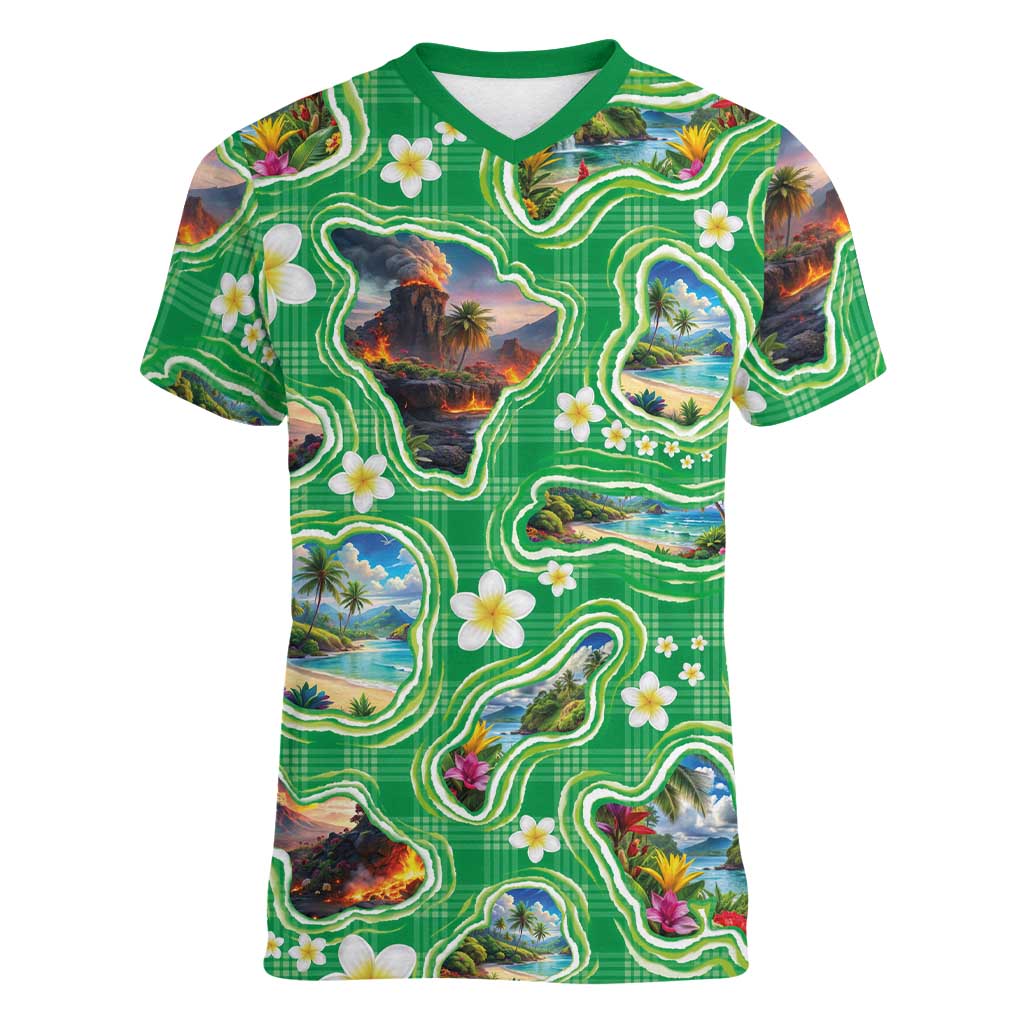 Hawaii Map with Plumeria Flower and Palaka Pattern Women V-Neck T-Shirt Tropical Island Green Design LT03 Female Green - Polynesian Pride