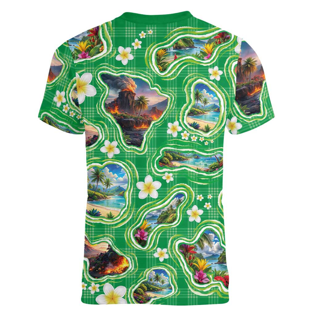 Hawaii Map with Plumeria Flower and Palaka Pattern Women V-Neck T-Shirt Tropical Island Green Design LT03 - Polynesian Pride