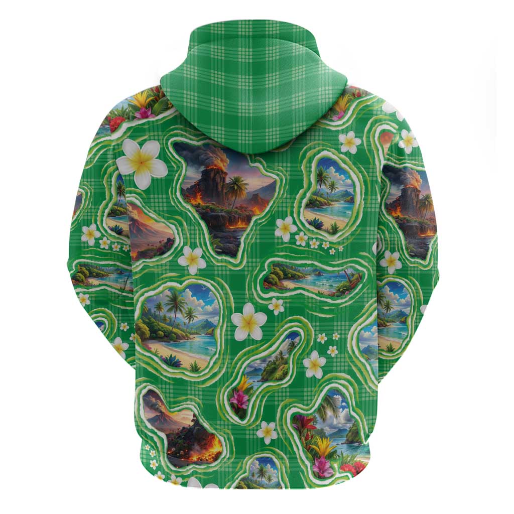 Hawaii Map with Plumeria Flower and Palaka Pattern Zip Hoodie Tropical Island Green Design LT03 - Polynesian Pride