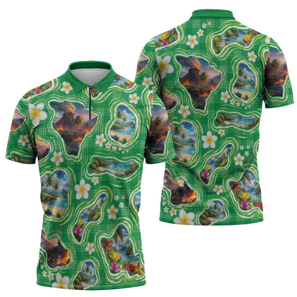 Hawaii Map with Plumeria Flower and Palaka Pattern Zipper Polo Shirt Tropical Island Green Design LT03 - Polynesian Pride
