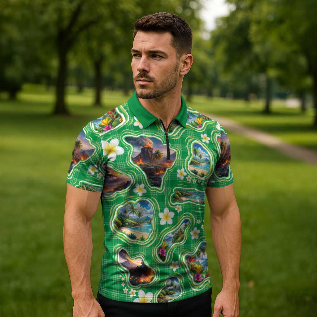 Hawaii Map with Plumeria Flower and Palaka Pattern Zipper Polo Shirt Tropical Island Green Design LT03 - Polynesian Pride