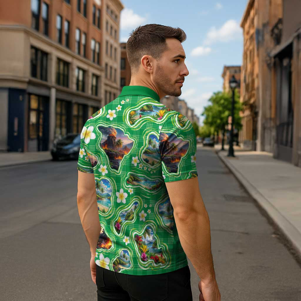 Hawaii Map with Plumeria Flower and Palaka Pattern Zipper Polo Shirt Tropical Island Green Design LT03 - Polynesian Pride