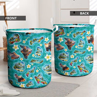Hawaii Map with Plumeria Flower and Palaka Pattern Laundry Basket Tropical Island Teal Design LT03 - Polynesian Pride