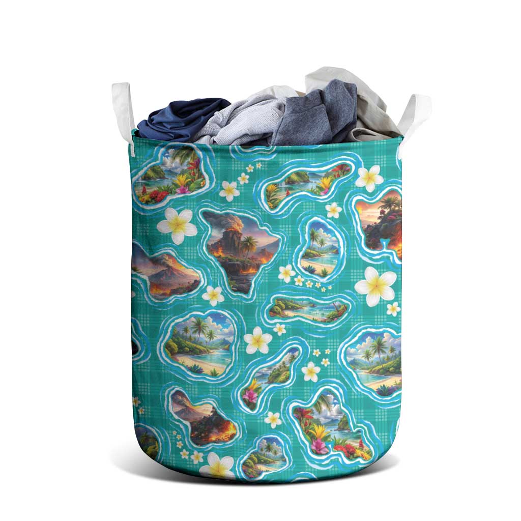 Hawaii Map with Plumeria Flower and Palaka Pattern Laundry Basket Tropical Island Teal Design LT03 - Polynesian Pride