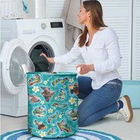 Hawaii Map with Plumeria Flower and Palaka Pattern Laundry Basket Tropical Island Teal Design LT03 - Polynesian Pride