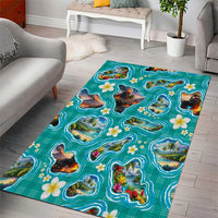 Hawaii Map with Plumeria Flower and Palaka Pattern Area Rug Tropical Island Teal Design LT03 - Polynesian Pride