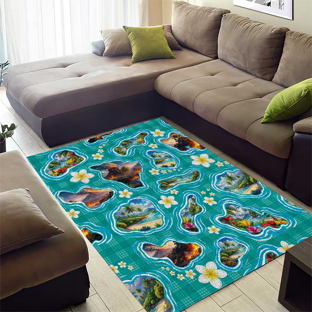 Hawaii Map with Plumeria Flower and Palaka Pattern Area Rug Tropical Island Teal Design LT03 - Polynesian Pride