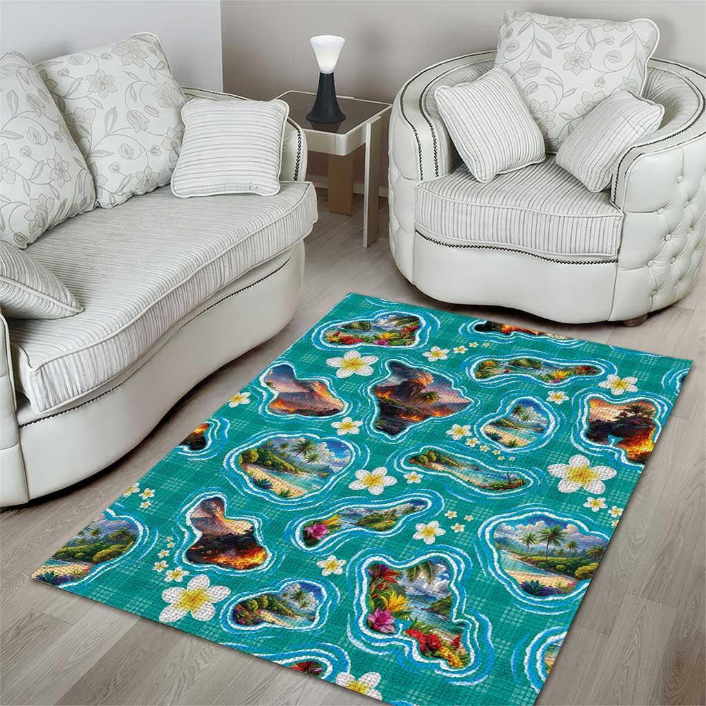 Hawaii Map with Plumeria Flower and Palaka Pattern Area Rug Tropical Island Teal Design LT03 - Polynesian Pride