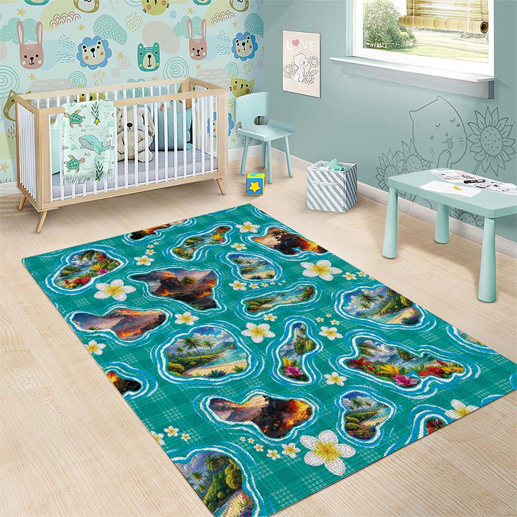 Hawaii Map with Plumeria Flower and Palaka Pattern Area Rug Tropical Island Teal Design LT03 - Polynesian Pride