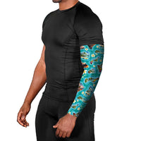 Hawaii Map with Plumeria Flower and Palaka Pattern Arm Sleeves Tropical Island Teal Design LT03 - Polynesian Pride
