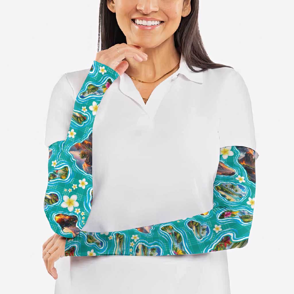 Hawaii Map with Plumeria Flower and Palaka Pattern Arm Sleeves Tropical Island Teal Design LT03 - Polynesian Pride