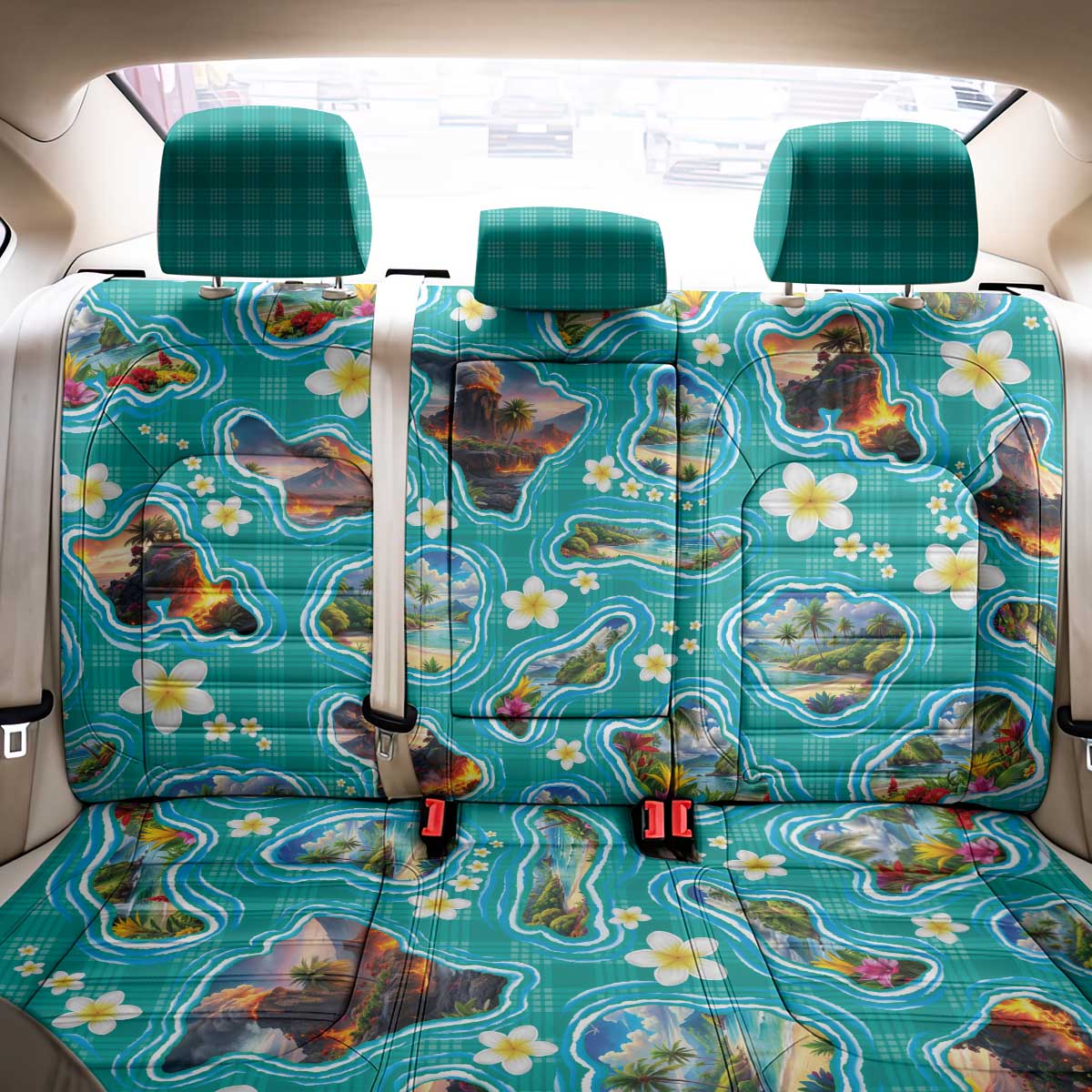 Hawaii Map with Plumeria Flower and Palaka Pattern Back Car Seat Cover Tropical Island Teal Design LT03 - Polynesian Pride