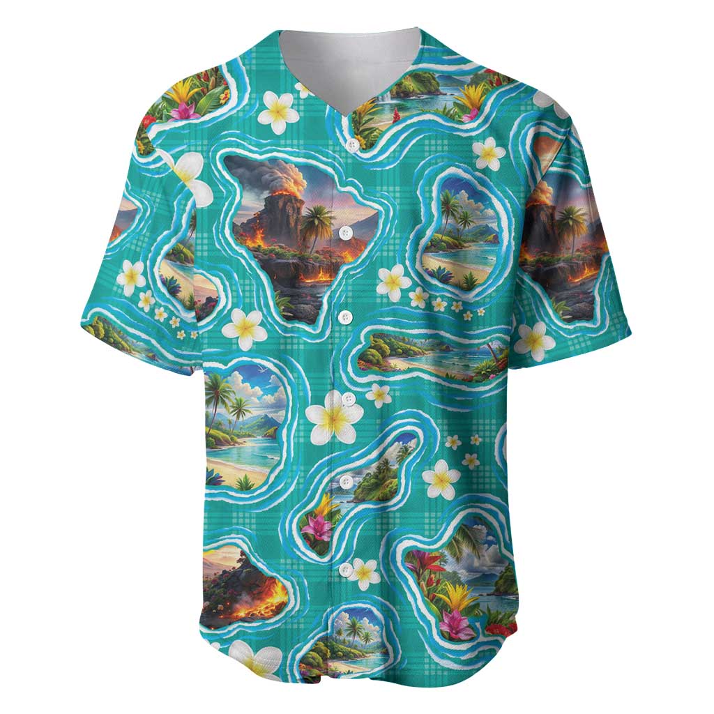 Hawaii Map with Plumeria Flower and Palaka Pattern Baseball Jersey Tropical Island Teal Design LT03 Teal - Polynesian Pride