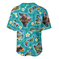 Hawaii Map with Plumeria Flower and Palaka Pattern Baseball Jersey Tropical Island Teal Design LT03 - Polynesian Pride