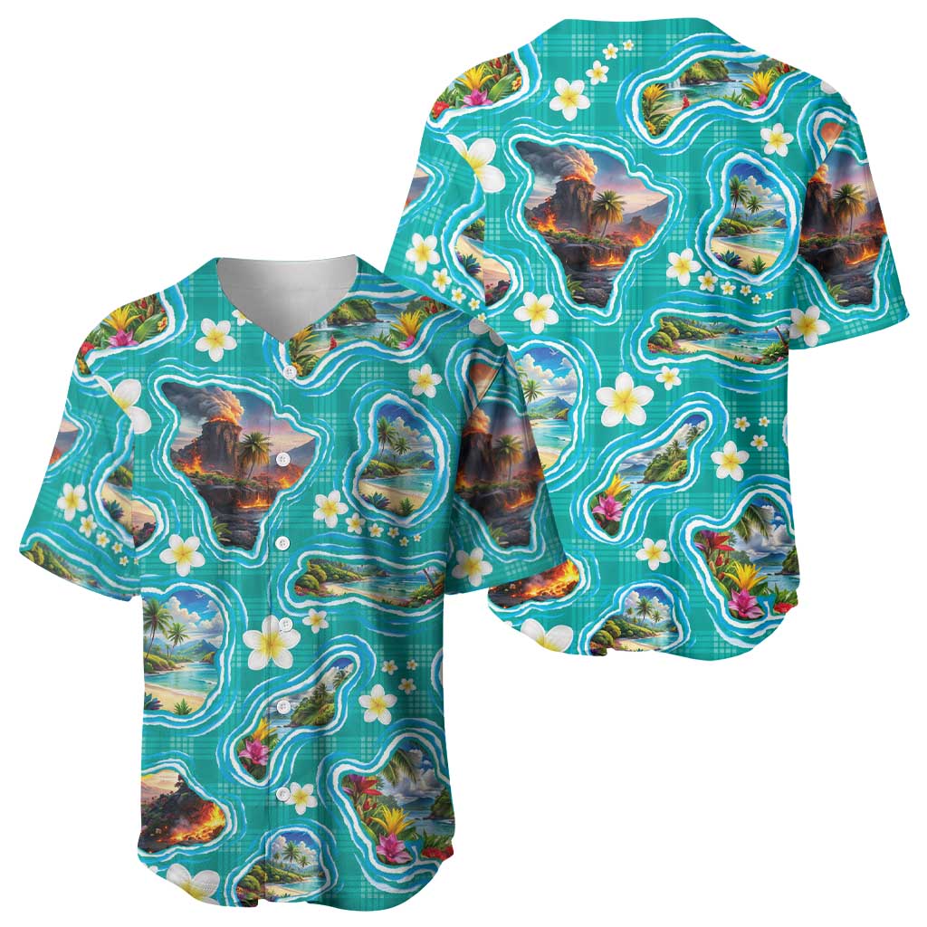 Hawaii Map with Plumeria Flower and Palaka Pattern Baseball Jersey Tropical Island Teal Design LT03 - Polynesian Pride