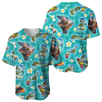 Hawaii Map with Plumeria Flower and Palaka Pattern Baseball Jersey Tropical Island Teal Design LT03 - Polynesian Pride