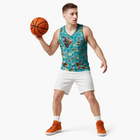 Hawaii Map with Plumeria Flower and Palaka Pattern Basketball Jersey Tropical Island Teal Design LT03 - Polynesian Pride
