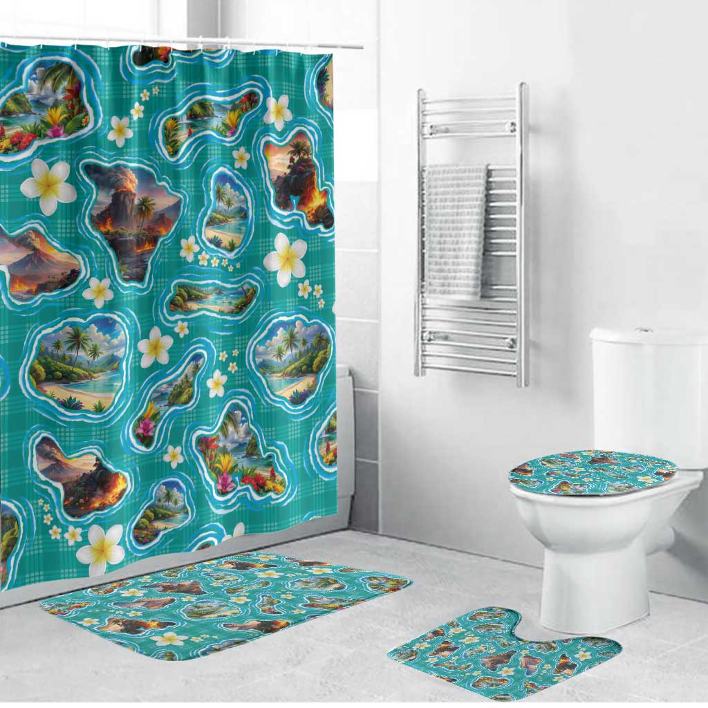 Hawaii Map with Plumeria Flower and Palaka Pattern Bathroom Set Tropical Island Teal Design