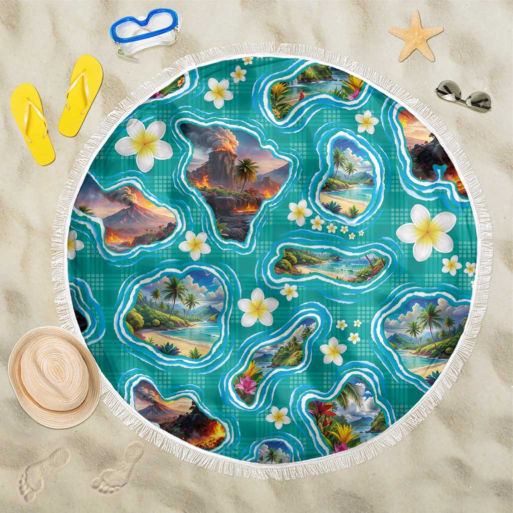 Hawaii Map with Plumeria Flower and Palaka Pattern Beach Blanket Tropical Island Teal Design LT03 One Size 150cm Teal - Polynesian Pride