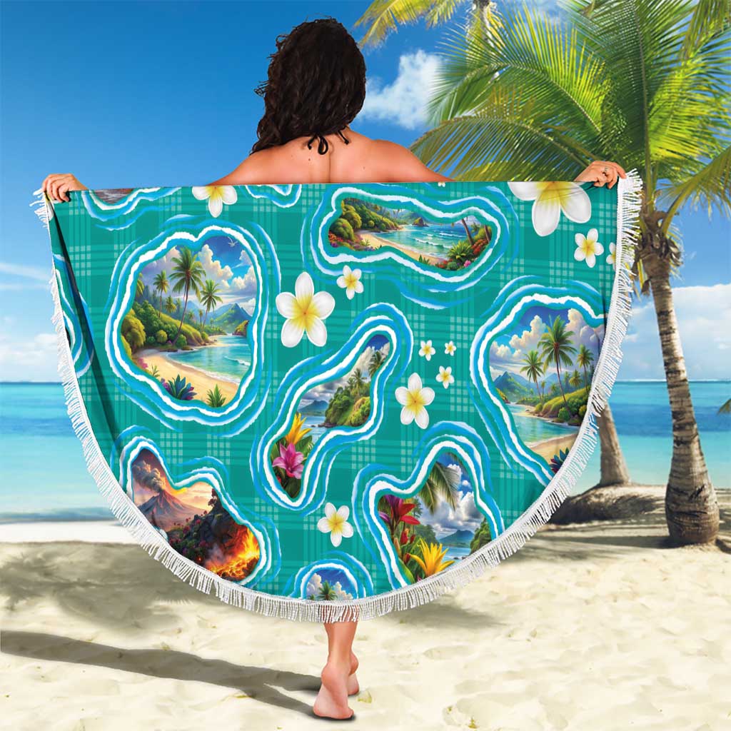 Hawaii Map with Plumeria Flower and Palaka Pattern Beach Blanket Tropical Island Teal Design LT03 - Polynesian Pride