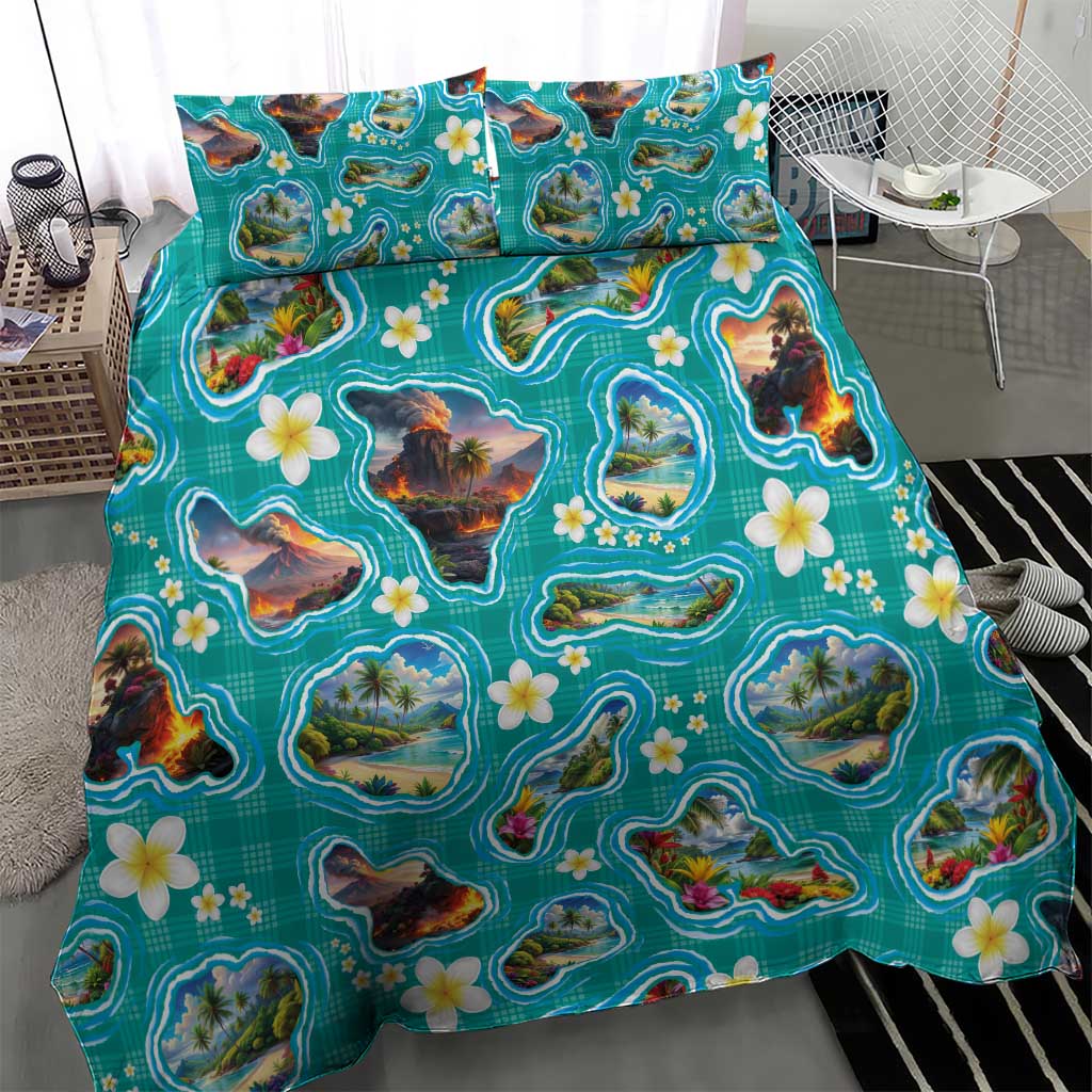 Hawaii Map with Plumeria Flower and Palaka Pattern Bedding Set Tropical Island Teal Design LT03 - Polynesian Pride