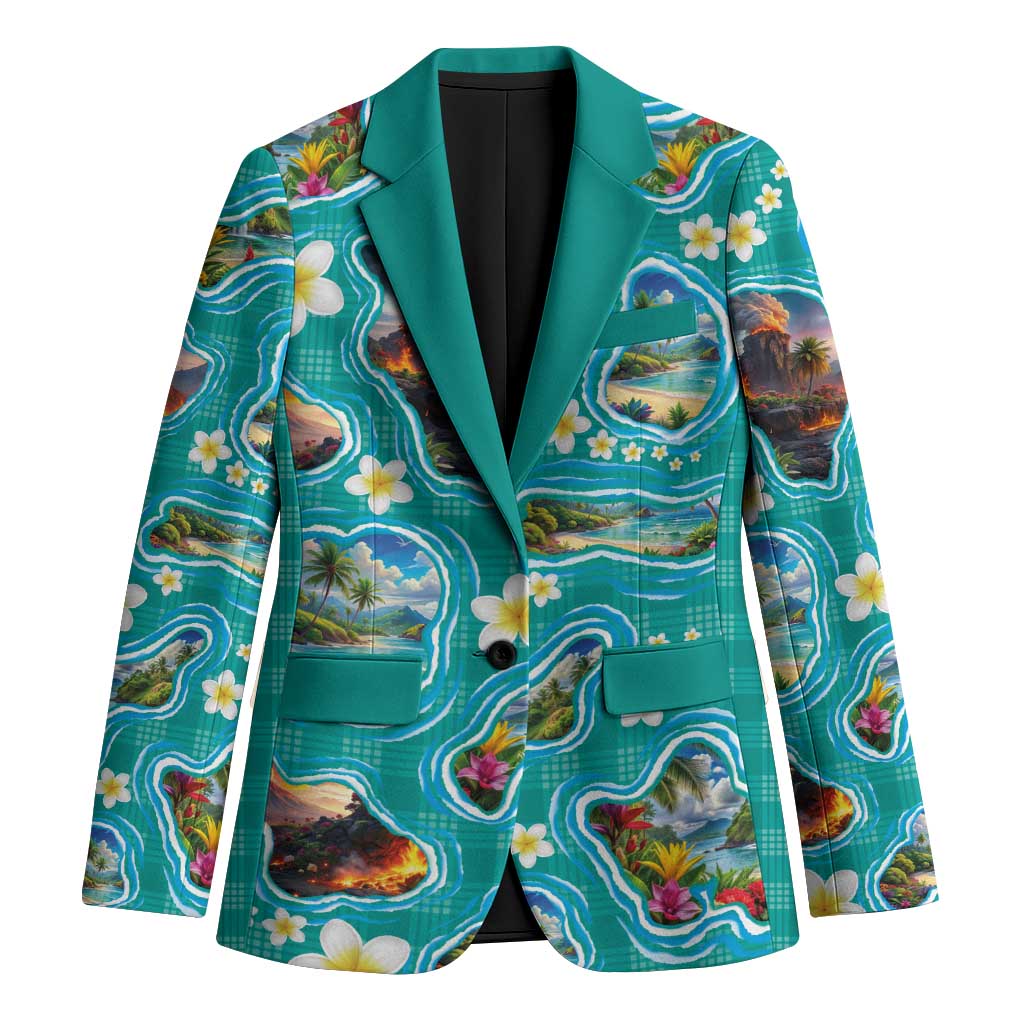 Hawaii Map with Plumeria Flower and Palaka Pattern Blazer Tropical Island Teal Design LT03 Unisex Teal - Polynesian Pride