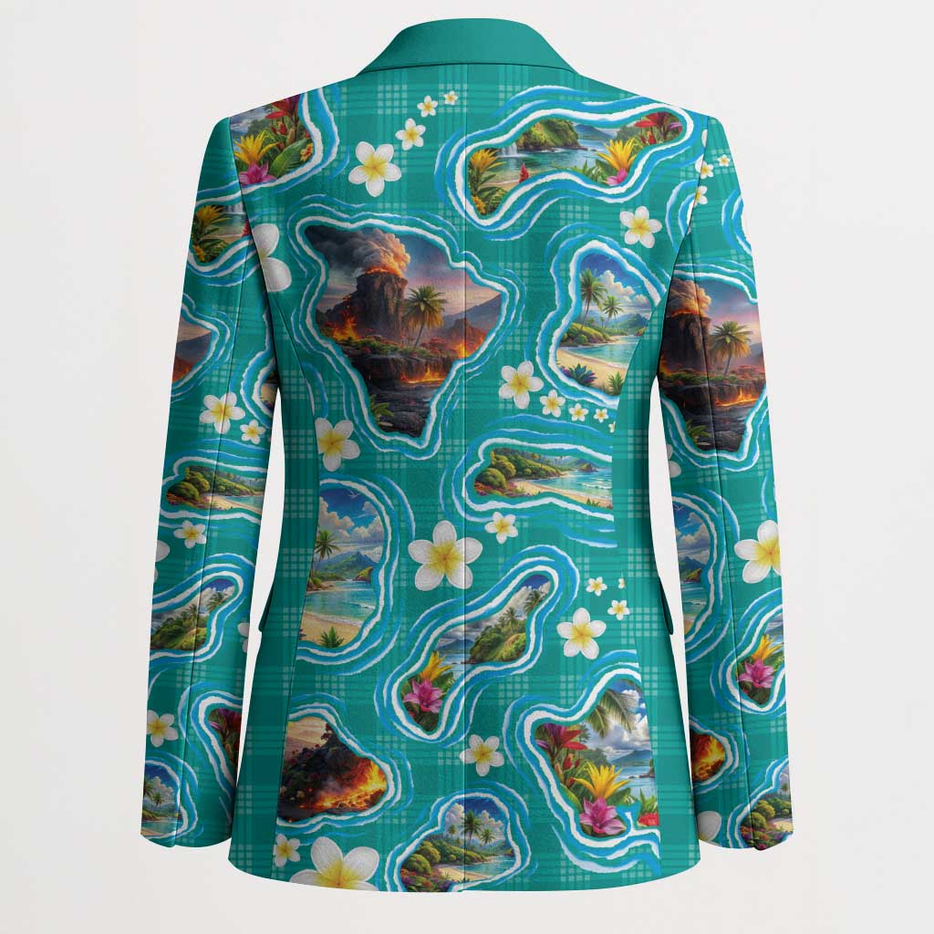 Hawaii Map with Plumeria Flower and Palaka Pattern Blazer Tropical Island Teal Design LT03 - Polynesian Pride