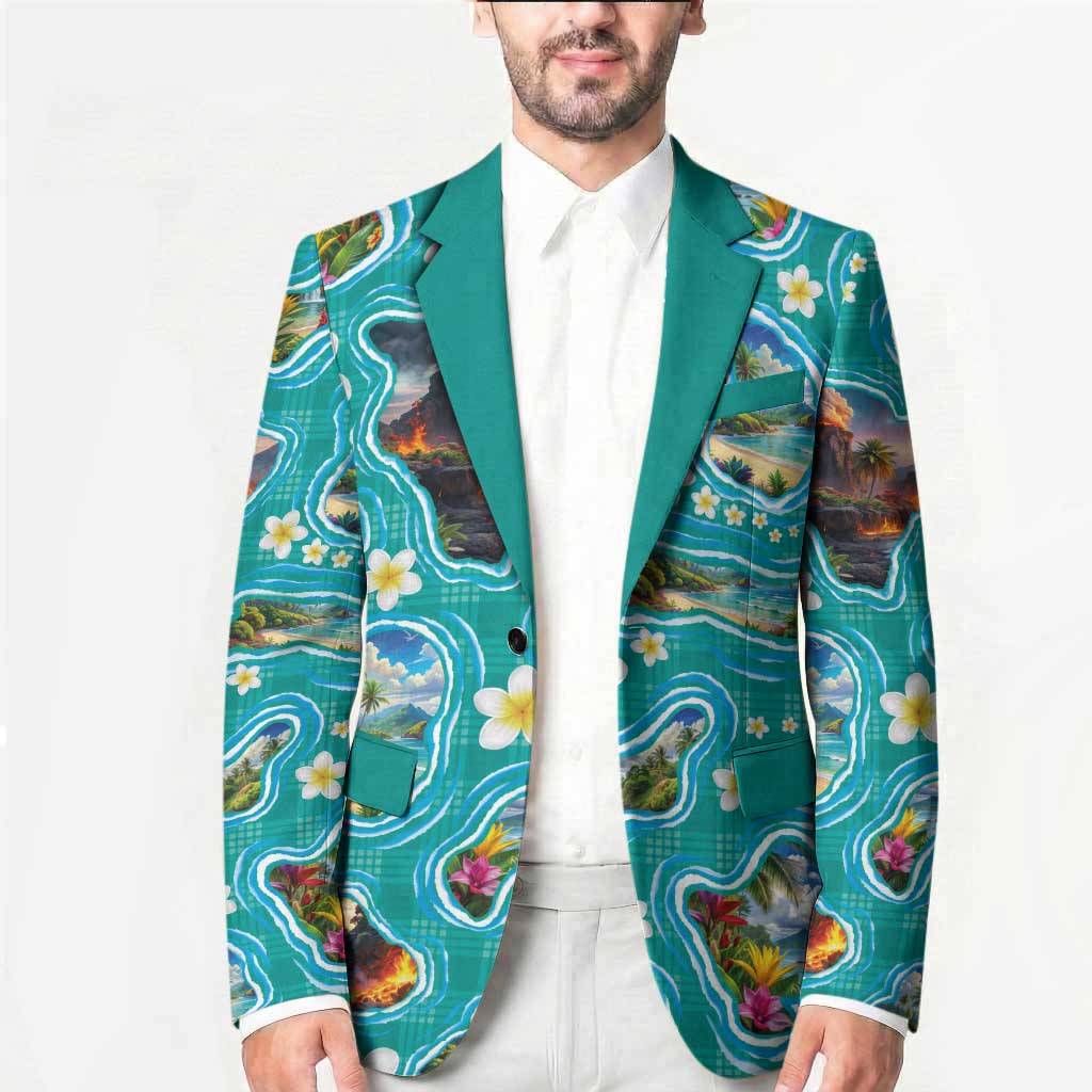 Hawaii Map with Plumeria Flower and Palaka Pattern Blazer Tropical Island Teal Design LT03 - Polynesian Pride