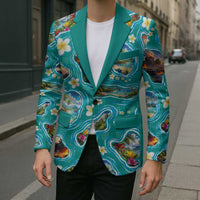 Hawaii Map with Plumeria Flower and Palaka Pattern Blazer Tropical Island Teal Design LT03 - Polynesian Pride