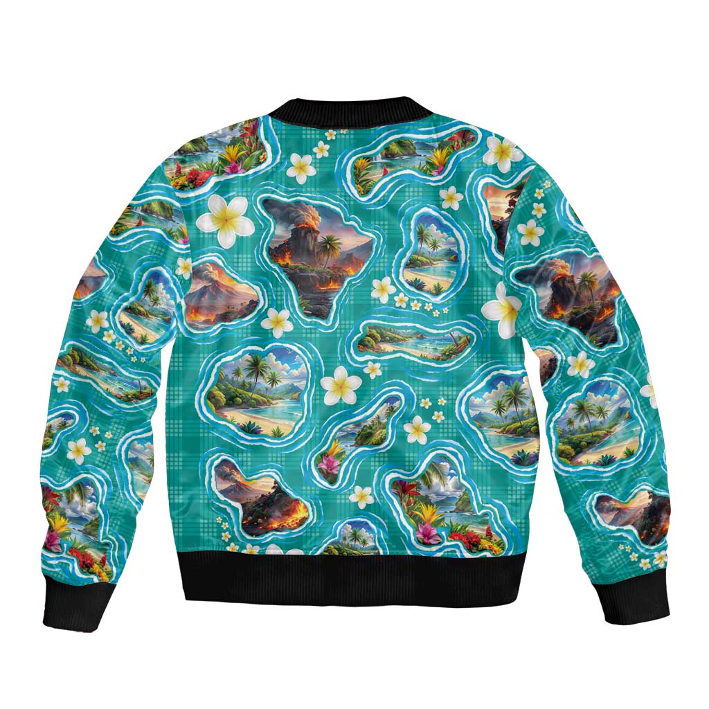 Hawaii Map with Plumeria Flower and Palaka Pattern Bomber Jacket Tropical Island Teal Design LT03 - Polynesian Pride