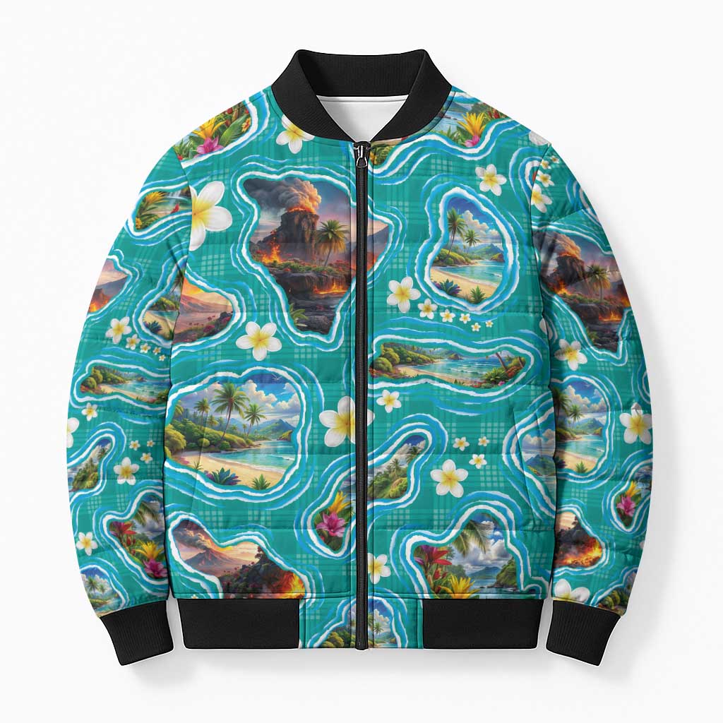 Hawaii Map with Plumeria Flower and Palaka Pattern Bomber Puffer Jacket Tropical Island Teal Design LT03 Unisex Teal - Polynesian Pride