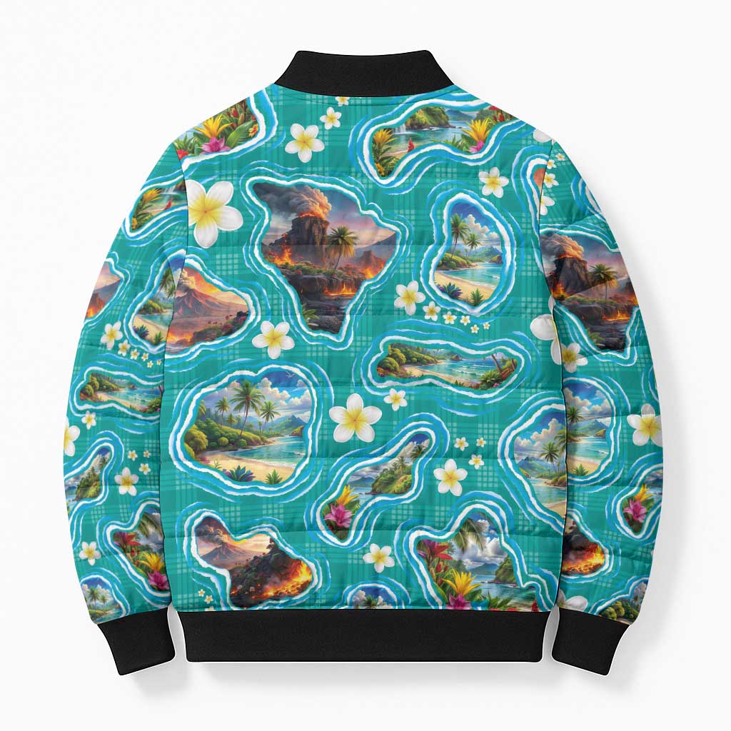 Hawaii Map with Plumeria Flower and Palaka Pattern Bomber Puffer Jacket Tropical Island Teal Design LT03 - Polynesian Pride