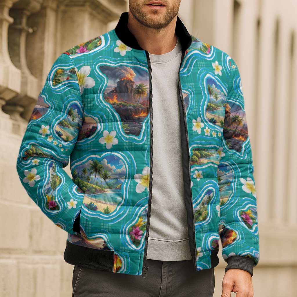 Hawaii Map with Plumeria Flower and Palaka Pattern Bomber Puffer Jacket Tropical Island Teal Design LT03 - Polynesian Pride