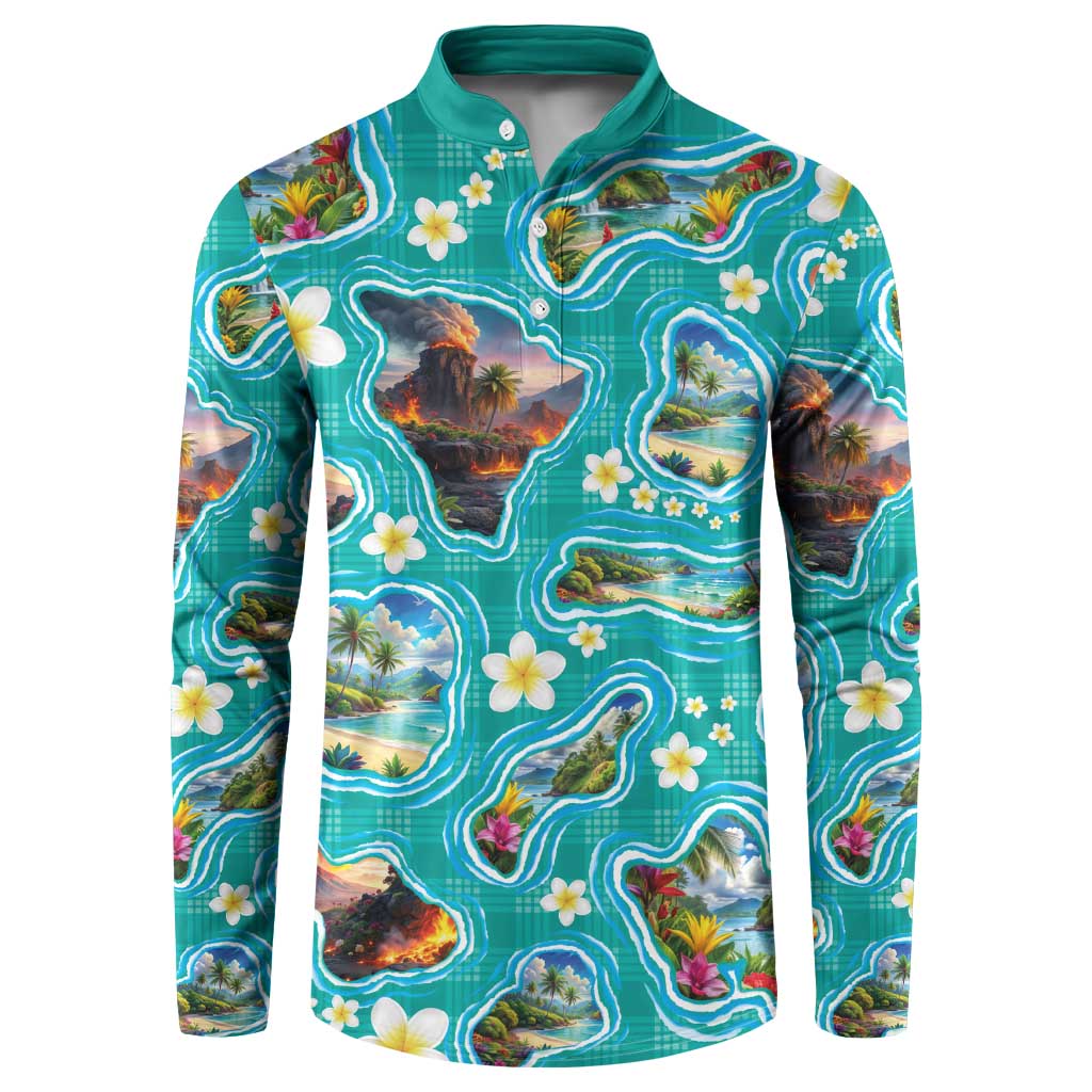 Hawaii Map with Plumeria Flower and Palaka Pattern Button Sweatshirt Tropical Island Teal Design LT03 Teal - Polynesian Pride