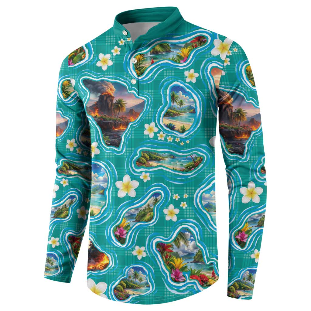 Hawaii Map with Plumeria Flower and Palaka Pattern Button Sweatshirt Tropical Island Teal Design LT03 - Polynesian Pride