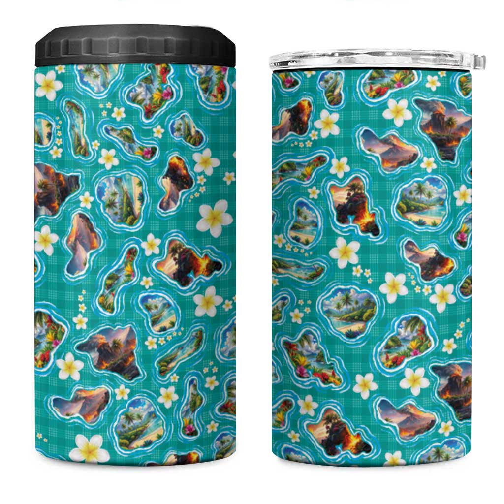 Hawaii Map with Plumeria Flower and Palaka Pattern 4 in 1 Can Cooler Tumbler Tropical Island Teal Design LT03 One Size: 16 oz Teal - Polynesian Pride