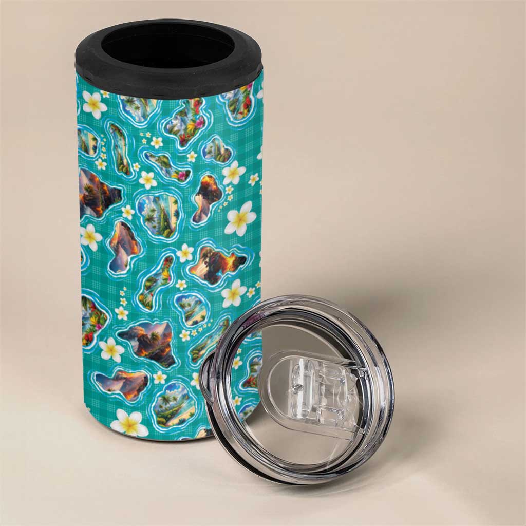 Hawaii Map with Plumeria Flower and Palaka Pattern 4 in 1 Can Cooler Tumbler Tropical Island Teal Design LT03 - Polynesian Pride