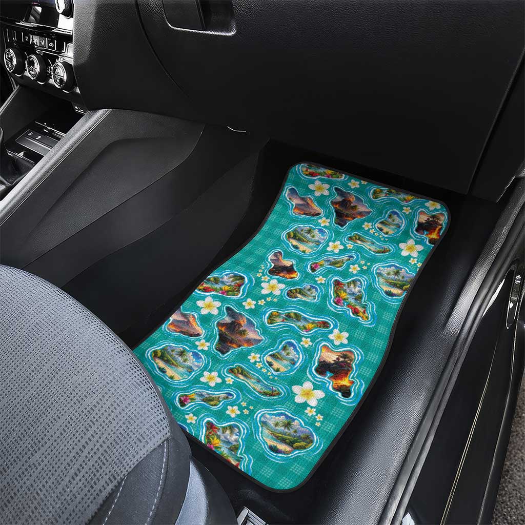 Hawaii Map with Plumeria Flower and Palaka Pattern Car Mats Tropical Island Teal Design LT03 - Polynesian Pride
