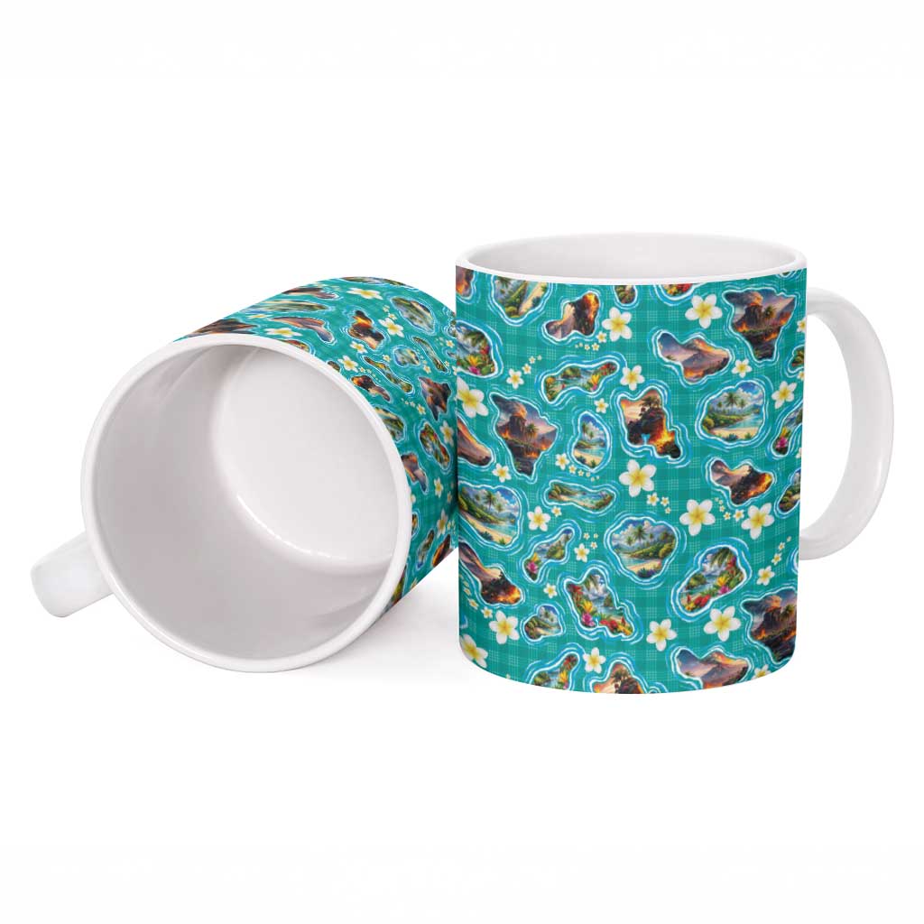 Hawaii Map with Plumeria Flower and Palaka Pattern Ceramic Mug Tropical Island Teal Design LT03 - Polynesian Pride
