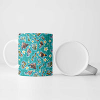 Hawaii Map with Plumeria Flower and Palaka Pattern Ceramic Mug Tropical Island Teal Design LT03 - Polynesian Pride