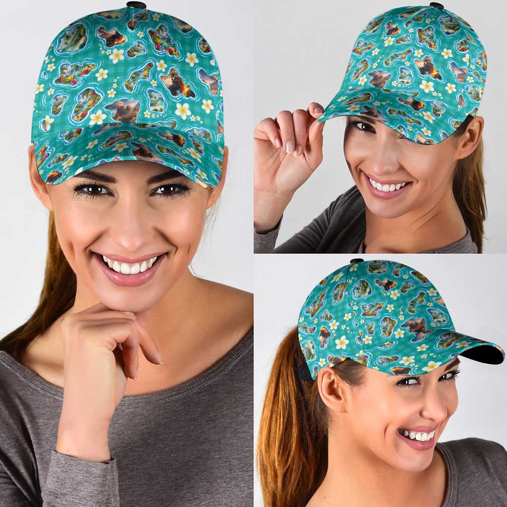 Hawaii Map with Plumeria Flower and Palaka Pattern Classic Cap Tropical Island Teal Design